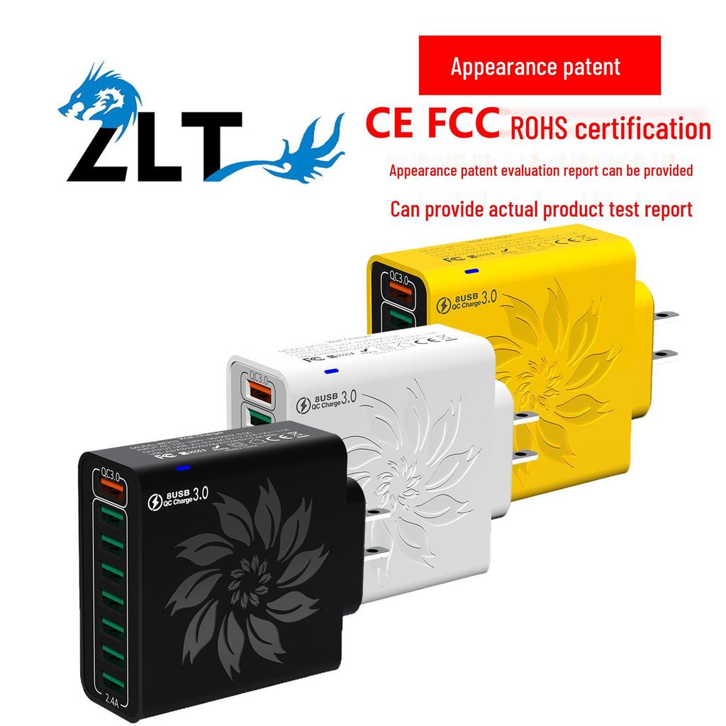 QC3.0 8-Port USB 30W Fast Charger - Colorful Flower Design, Compatible with US, European, and Korean Standards.