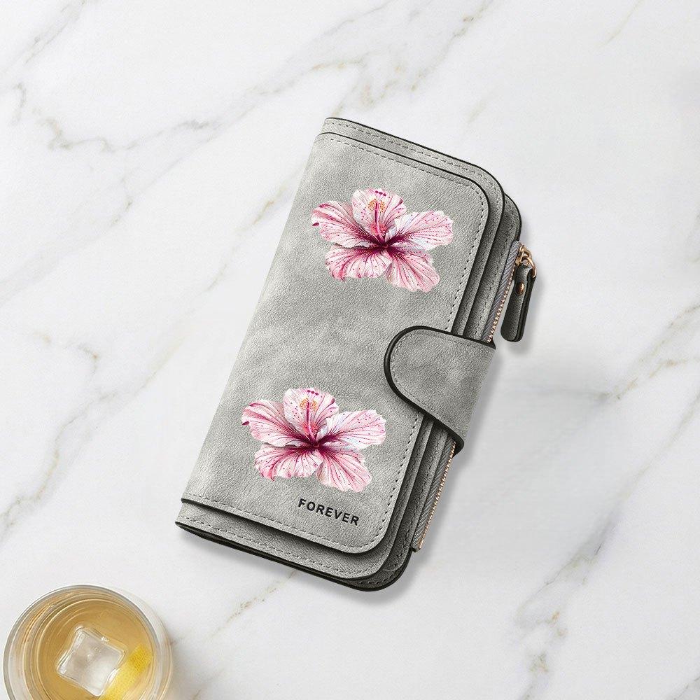 Long wallet with pink and white hibiscus flower close up print multifunctional portable coin purse with clasp suitable for daily commuting travel
