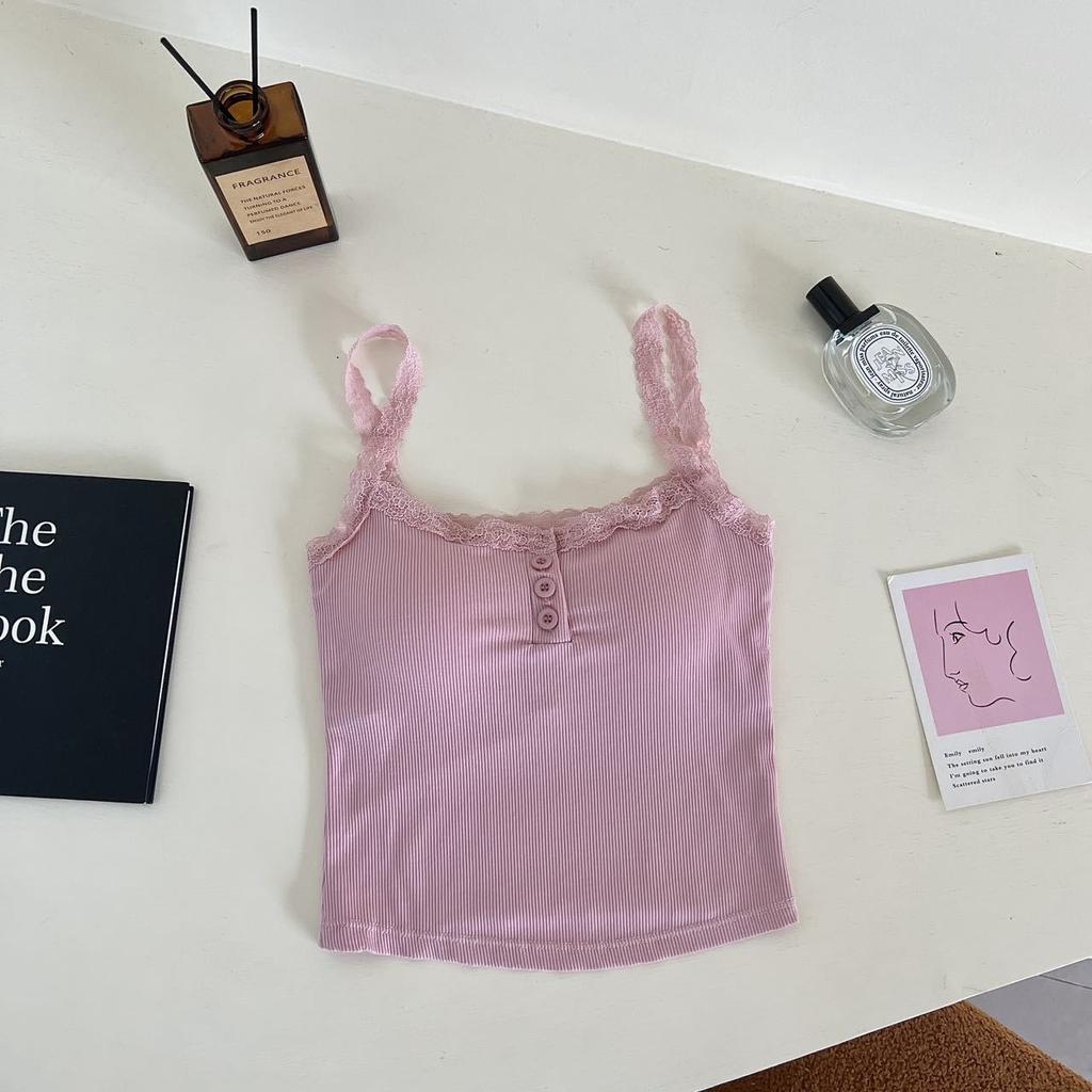 Camiseta sin mangas acanalada de encaje, Tops cortos con cuello Halter para mujer, camisola con botones, camisola con espalda al aire, chaleco recortado sin mangas de tubo de punto a la moda para mujer
