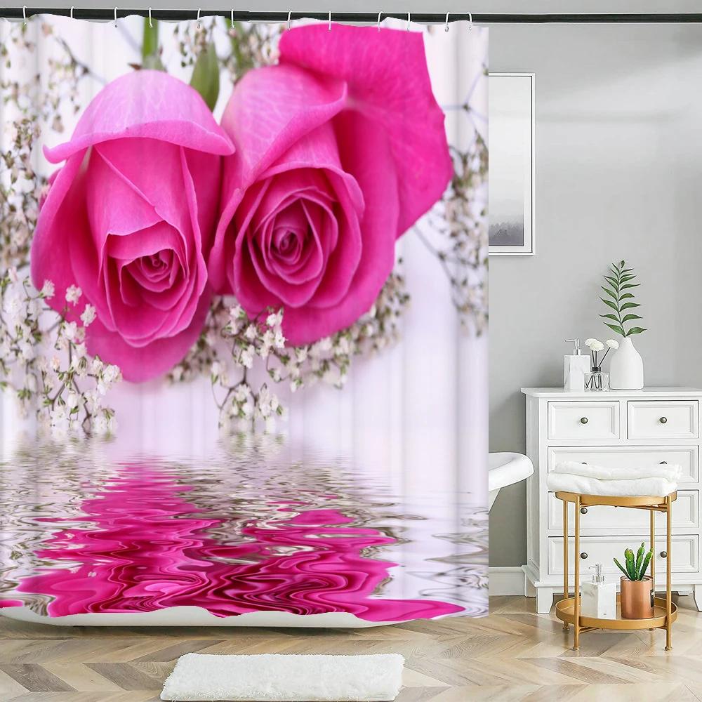 

Floral Tulip Printing Flower Shower Curtain Waterproof Polyester Fabric Bathroom Curtain With Hooks 180X180Cm Decorative Curtain W60H190(CM)-1 Pcs