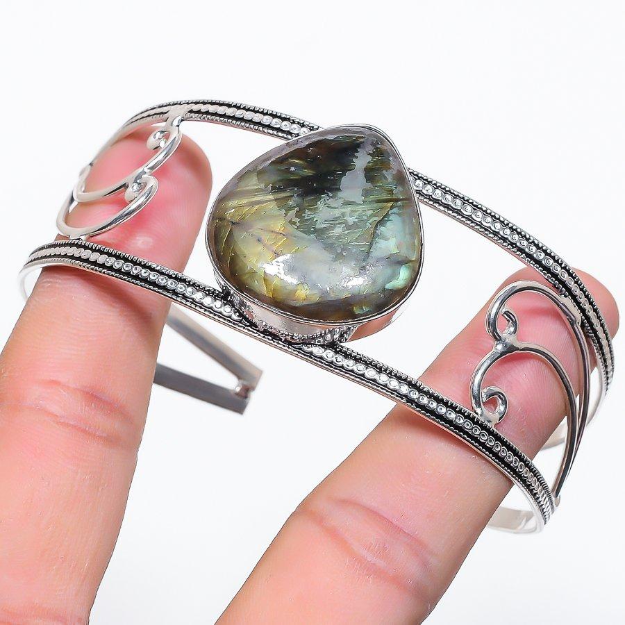 Natural Labradorite Gemstone 925 Sterling Silver Cuff Bangle Adjustable O4B06