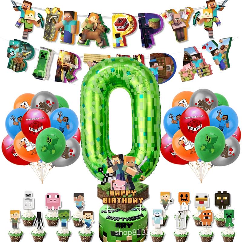 Minecraft-Themed Aluminum Foil Balloon Set: Kid's Birthday Decor with Pull Flags & Number Combination