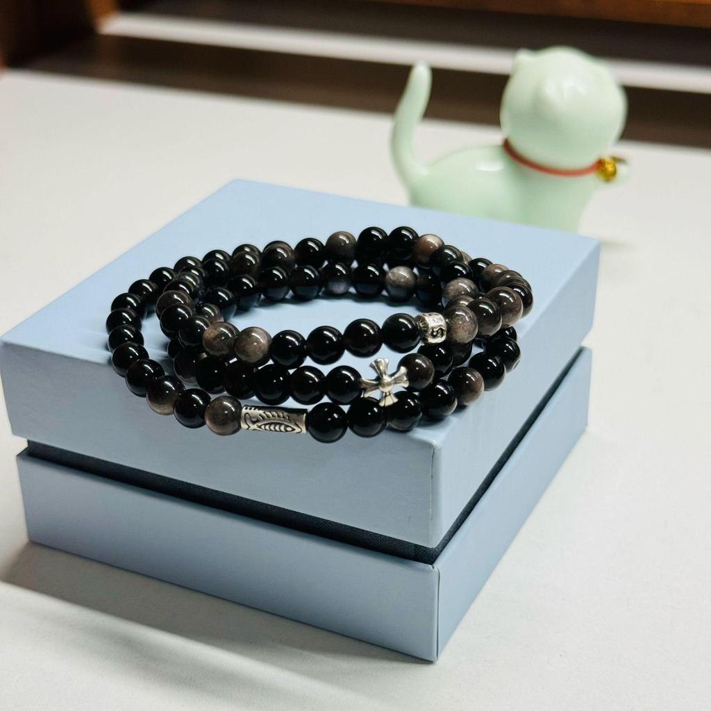 Natural Silver Obsidian Double-Layer Beaded Bracelet In S925 Sterling Silver - Simple Retro Design, Perfect for a Girl's Birthday Gift.