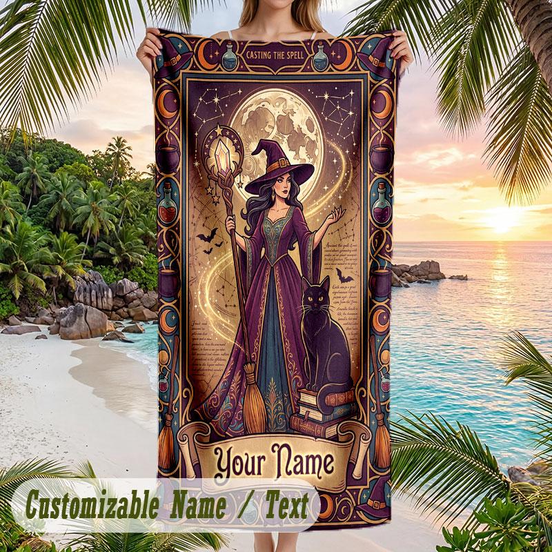 Witchcraft Moonlight Theme Quick Dry Beach Towel Custom Name Text Print Large Sand Resistant Towel Beach Vacation
