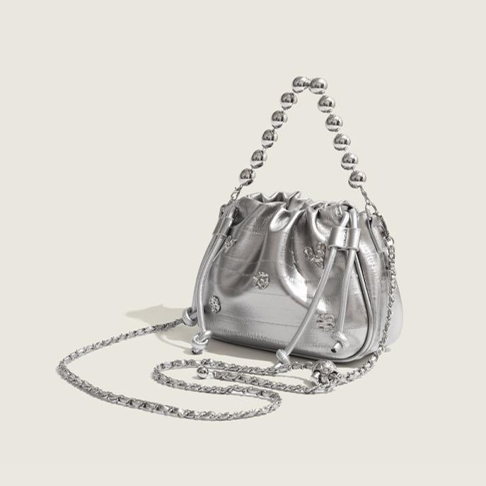 High-end Pleated Drawstring Bucket Bag Chain Women Summer New Fashion Simple Shoulder Bag Trendy Crossbody Women Bag