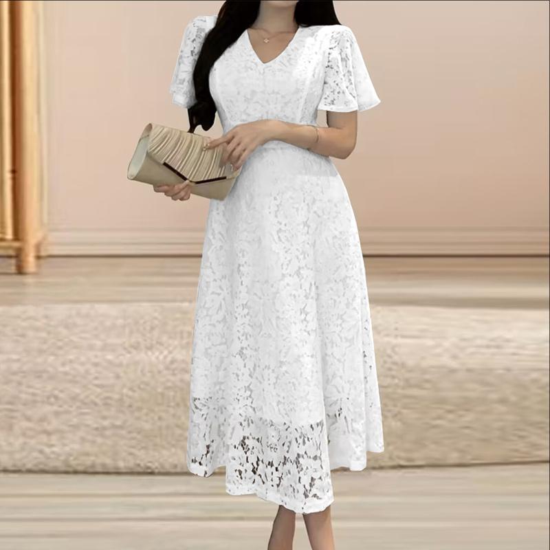 ZANZEA Women Elegant Lace Patchwork Casual V-Neck Short Sleeve Dress