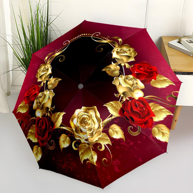 1PC Note Gold Red Roses Folding Umbrella Auto-Open Design 8 Iron Ribs Plastic Handle Foldable Sunshade Perfect Christmas Gifts
