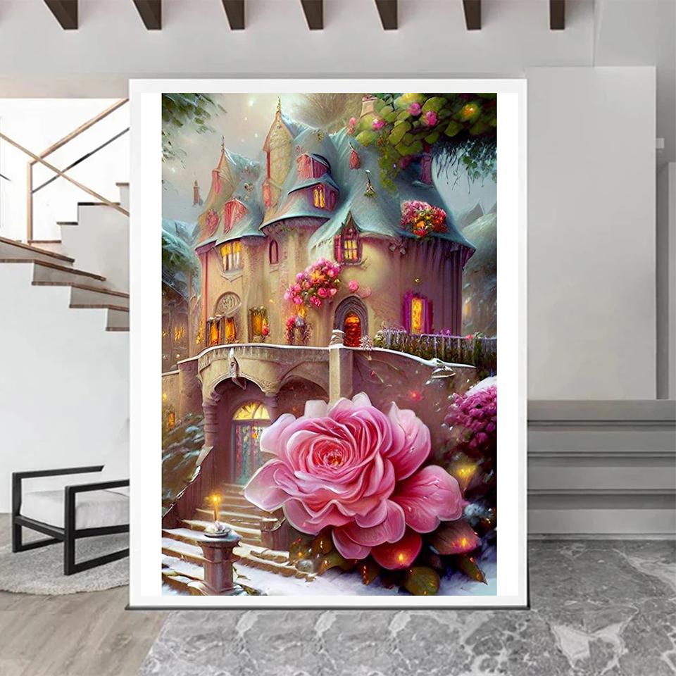 5D DIY Malowanie Diamentowe Wymarzony Kwiat i Trawa Łódź Krajobraz Księżyc Mozaika Krajobraz Haft Krzyżykowy Dekoracja Domu