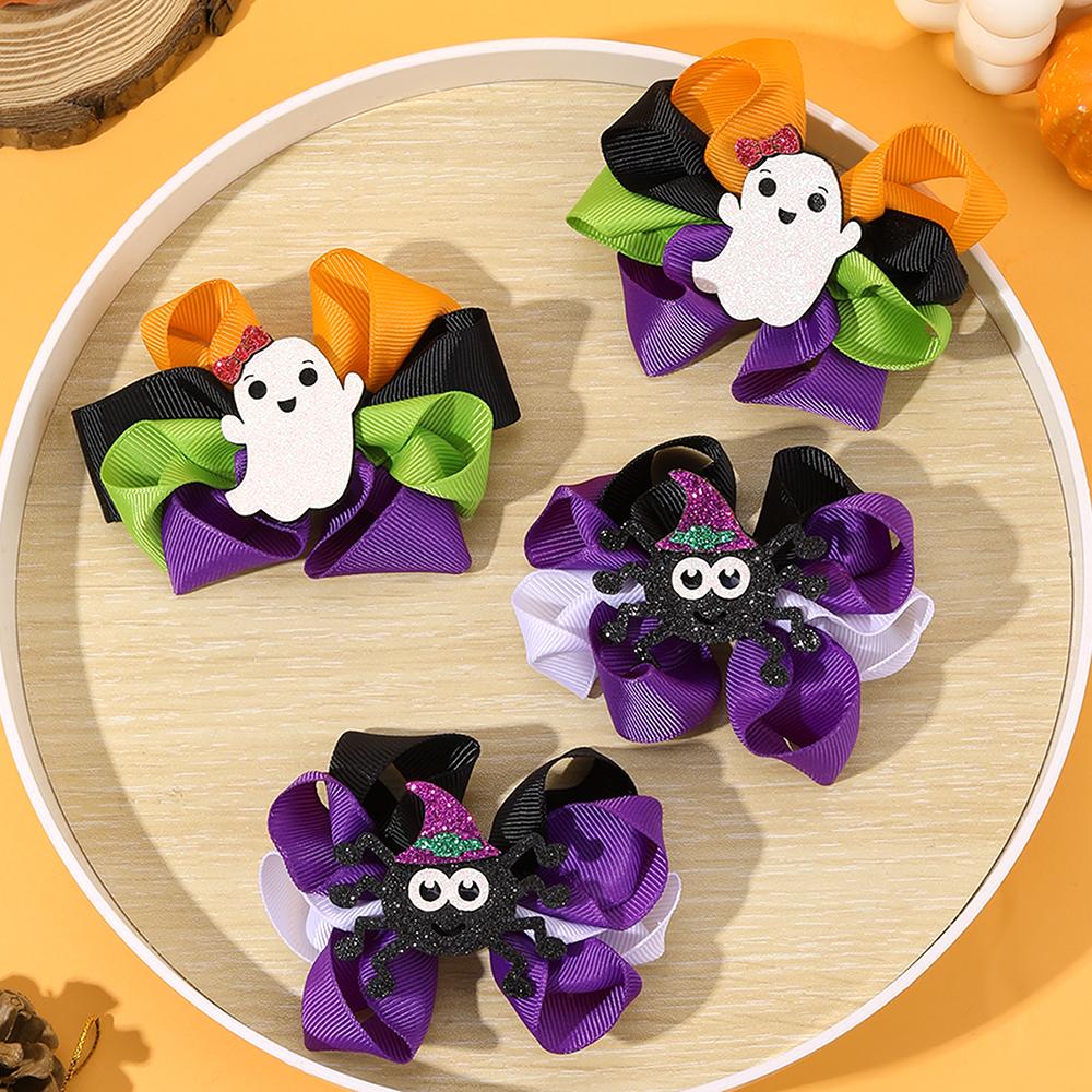 2Pcs Halloween Bow Hair Clips Ghost Sweet Color-blocked Ribbon Bownot Hairpins For Girls Children Headwear Accessories