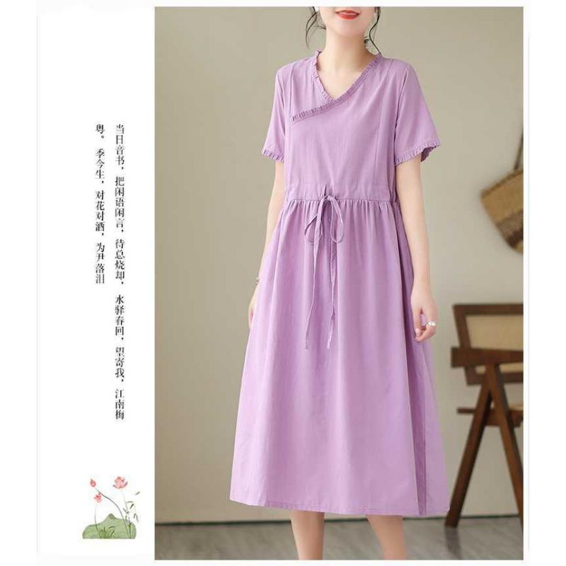 Ethnic Style Wooden Ear Neck Tie Waist Short Sleeve Midi Literary Vintage Dresses