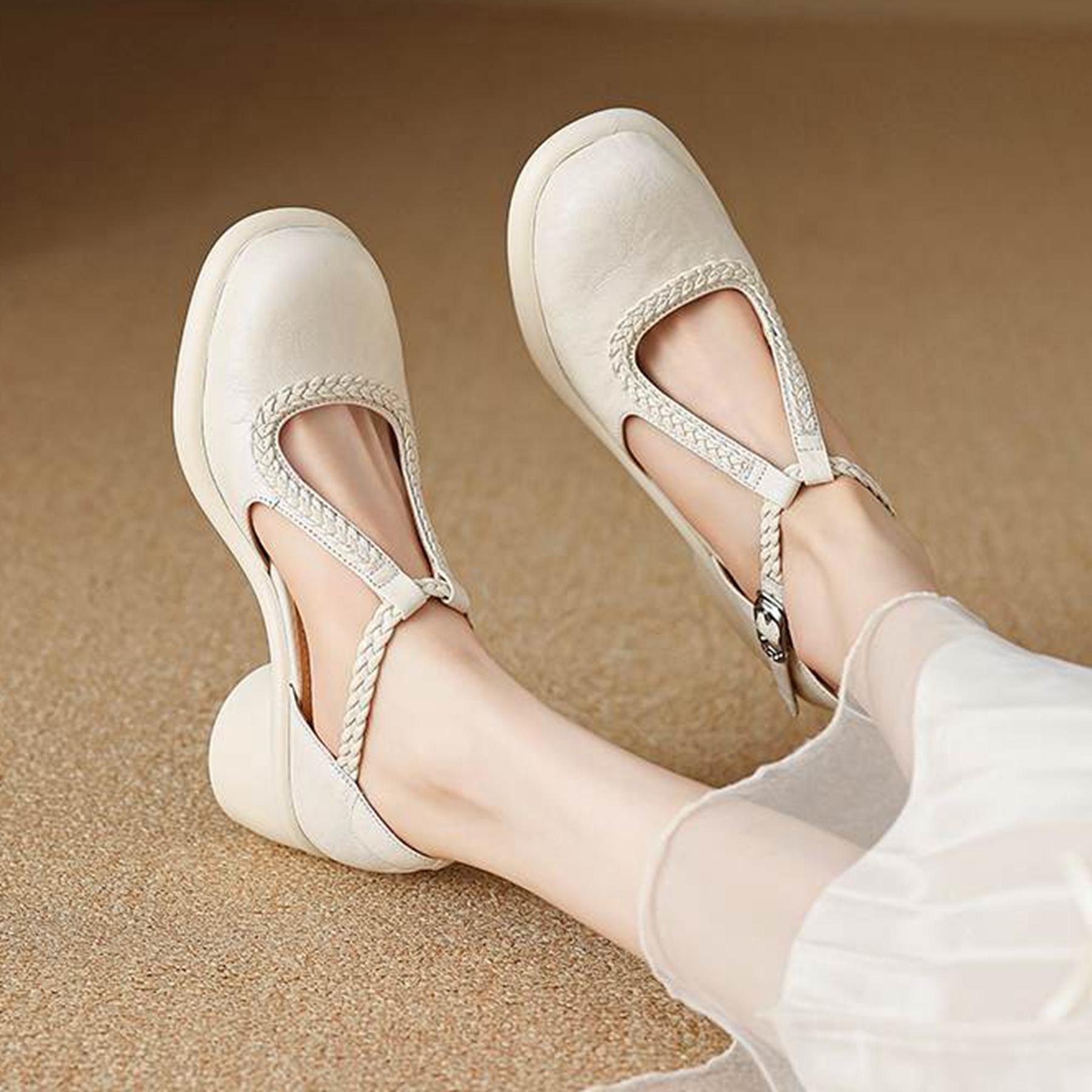 

Krazing Pot Sheep Skin Round Toe Size 42 Thick Round Med Heels Buckle Straps Platform Weaving Gladiator Autumn Pumps 34 слонова кістка