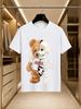 2026 New Pure Cotton Tshirt Half Plush Half Skull Patchwork Bear Print Crew Neck Top Unisex Trendy Brand Loose Fit Versat