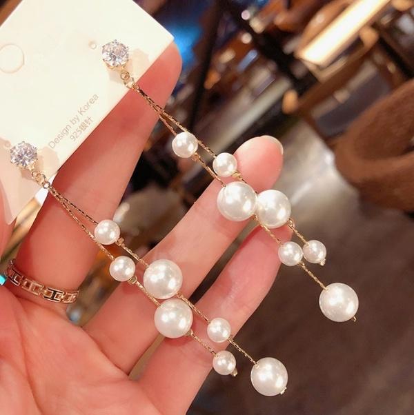 White Artificialn Pearl Long Drop Stud Earrings for Women Fashion Jewelry
