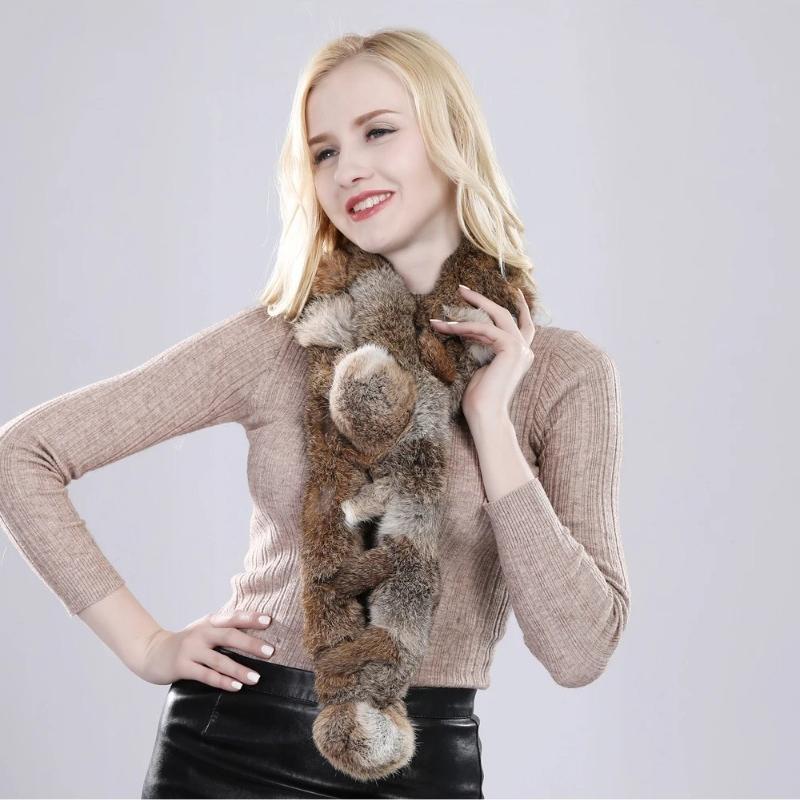 Natural Knitted Rabbit Fur Muffler Winter Women Warm Real Rabbit Fur Scarf Russia Lady Fashion Genuine Rabbit Fur Scarves