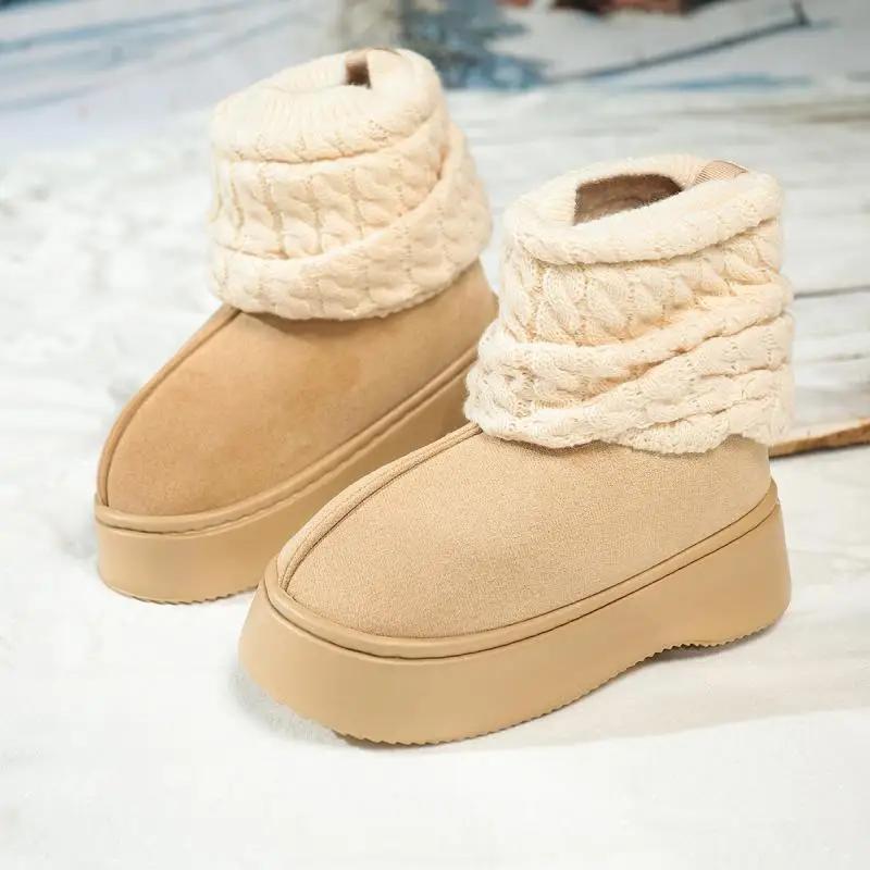 Fashion Thick Bottom Warm Faux Fur Snow Boots Women 2025 Winter Knitted Leg Covers Flat Heel Ankle Boots Sweet Non Slip Winter Shoes