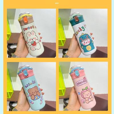 500ml Cute Cartoon Animal 304 Stainless Steel Insulated Bottle, Double-Use Straw/Direct Drink Flask with 3D Stickers