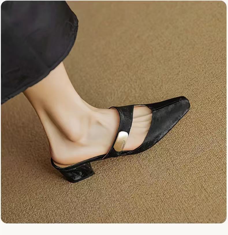 

New Chinese-style bag head half-drag high heels for women s outer wear square head, middle heel, metal buckle, thick heel, shallow mouth, large size h 34 чёрный