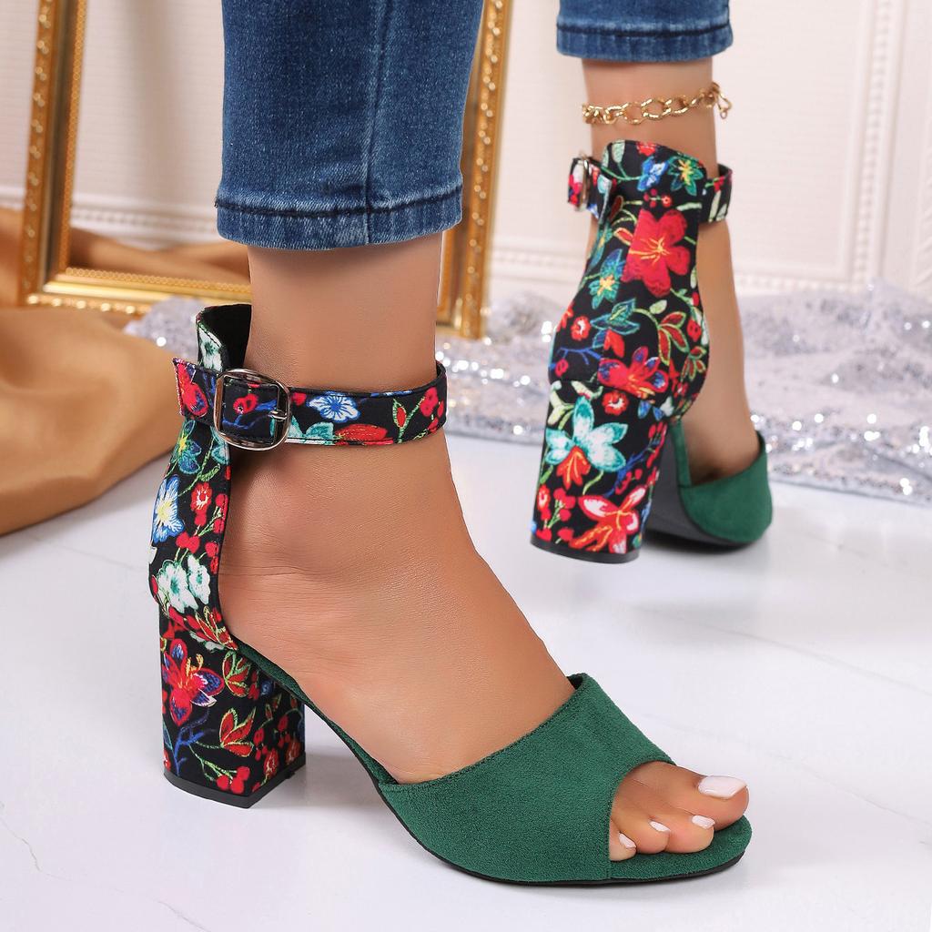 Fashion New Summer Oversized Floral Cloth Women's Shoes with High Heels Block Heel Fishmouth Straight Buckled Strap Women's Sandals