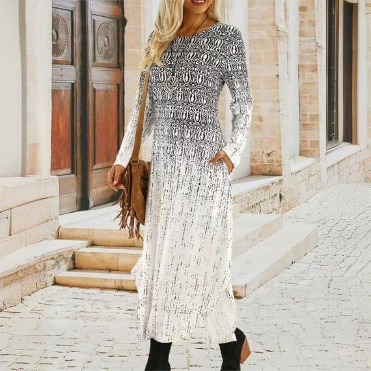 Long Sleeve Maxi Dress with Pockets Women Loose A Line O Neck Printing Dress for Dating Commuting Spring Fall Irregular Hem