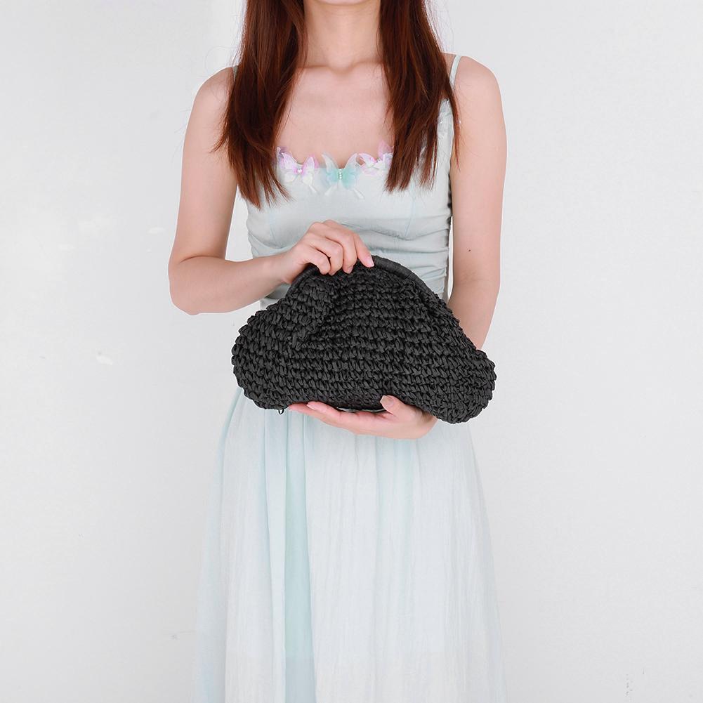 

Женская соломенная плетеная сумка с цепочным ремнем, модная сумка через плечо, большая вместимость, стильная сумка через плечо, однотонная для путешествий на открытом воздухе чёрный