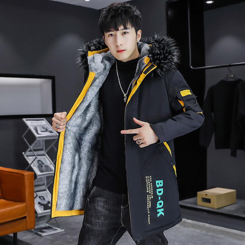 Men's winter new velvet thickened hooded medium and long printed cotton-padded clothes trendy men's casual warm cotton-padded clothes
