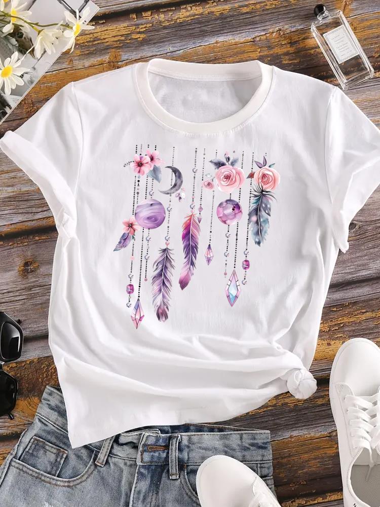 (Asian Size) Flower Letter Trend Female Top Fashion Graphic Short Sleeve T-shirts Casual T Shirt  Lady Printed Clothing Women Tee