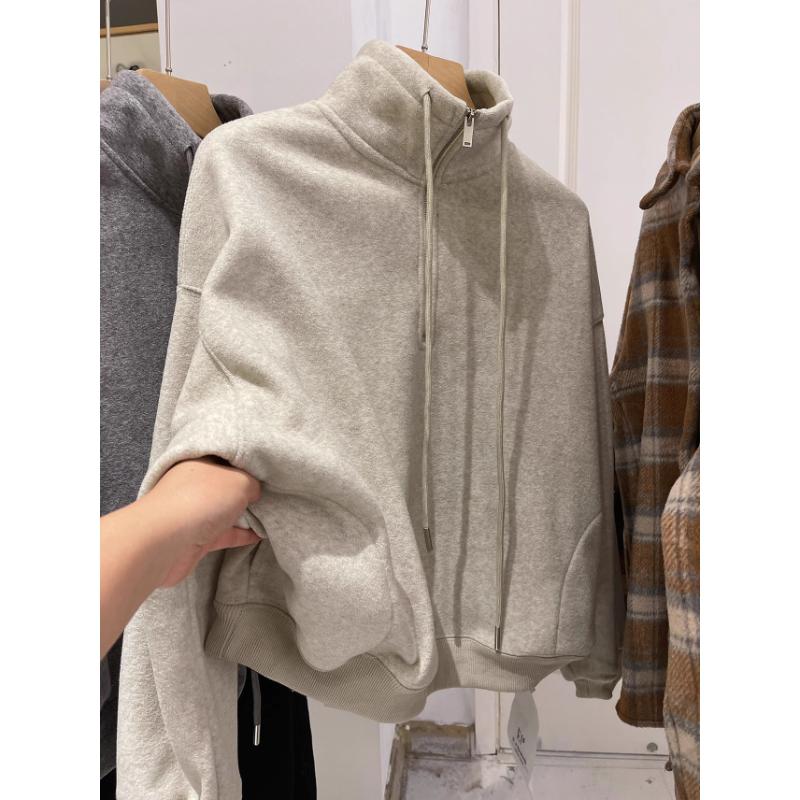 Women's German Velvet Ribbed Silver Fox Fleece Stand Collar Half-zip Fleece-lined Loose Pullover Sweatshirt Jacket