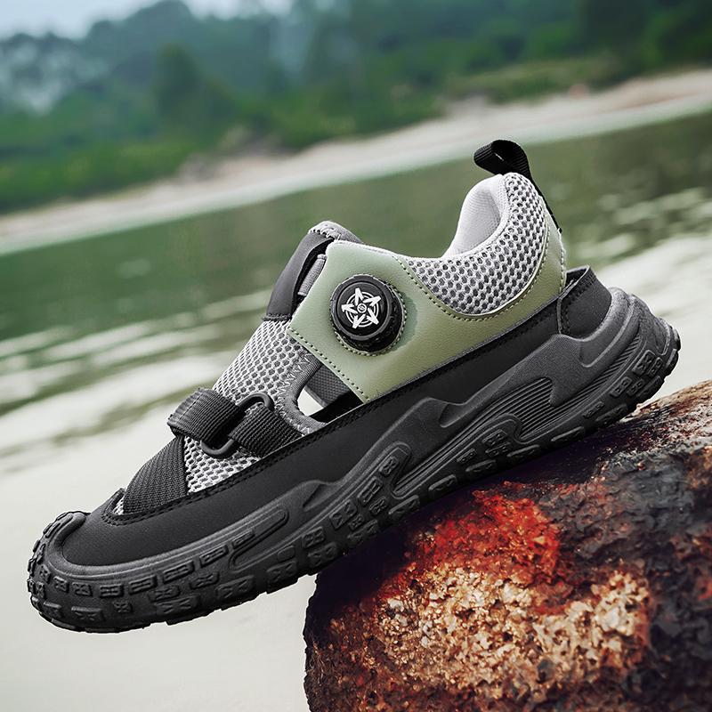 

2025 sandals men s summer outer wear hollow breathable mesh surface heightening rotating button sports wading shoes men s beach shoes 44