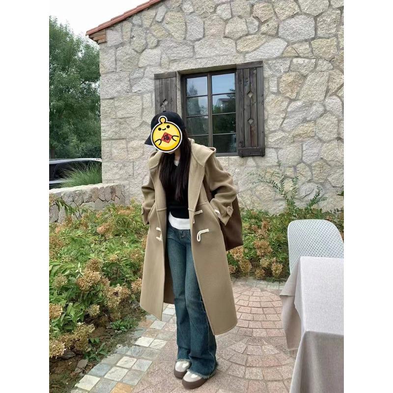 

Новое двухстороннее шерстяное пальто с капюшоном на роговых пуговицах в корейском стиле, свободное повседневное шерстяное пальто M