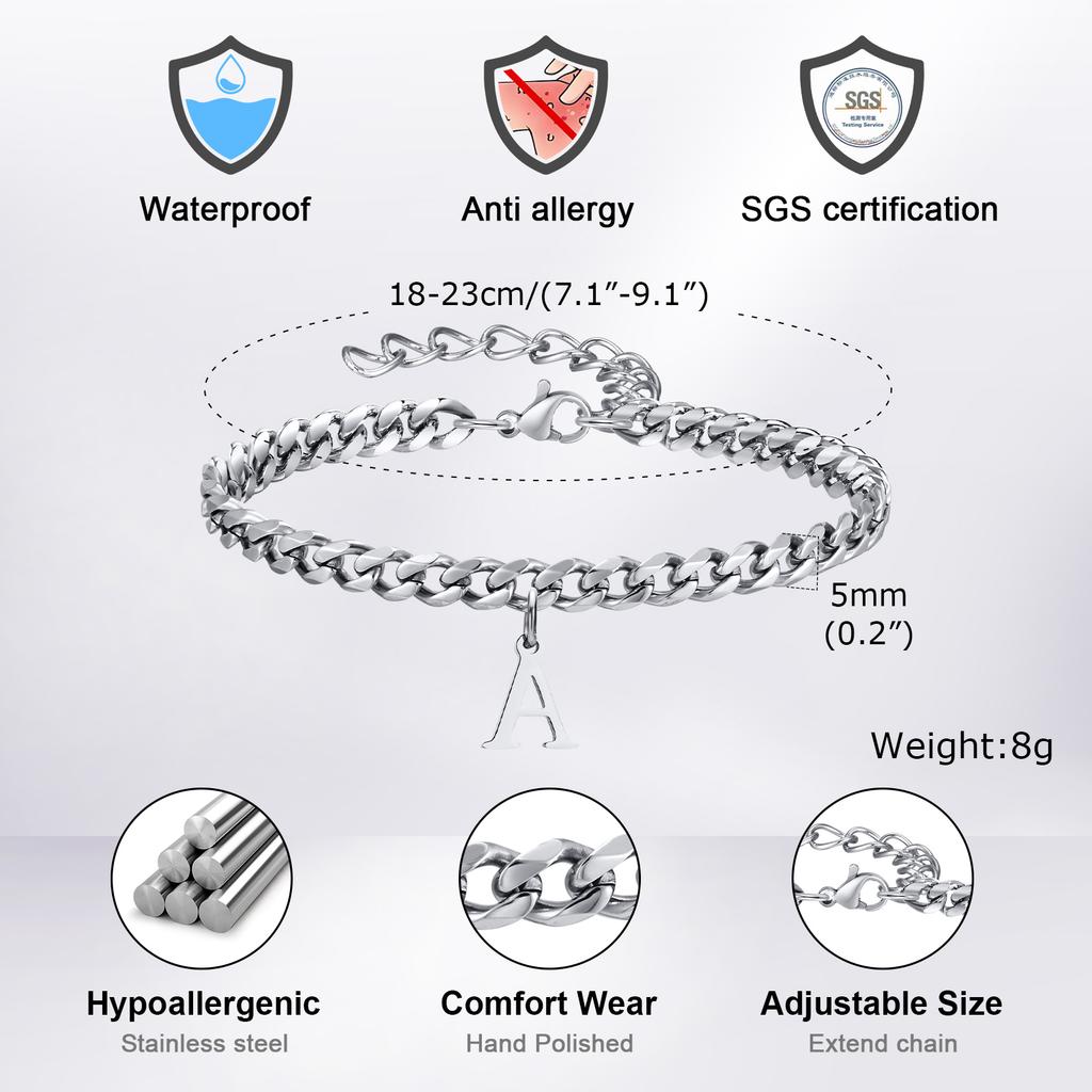 Vnox A-Z Initial Bracelets for Men Women, Never Fade Silver Color Stainless Steel Cuban Chain Bracelet with 26 Letter Alphabet
