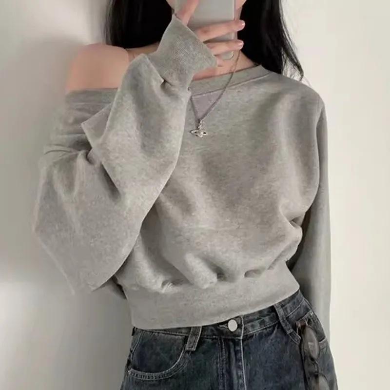 Korean Chic Autumn Winter Niche Elegant Off Shoulder Loose Casual Versatile Cropped Long Sleeve Solid Hoodie Women
