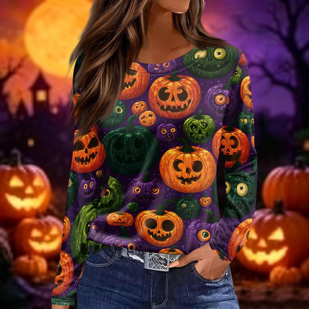 Women's Fashion Long Sleeve Neck Top with Slit Hem Halloween Print for Fall Party Occasion Wear