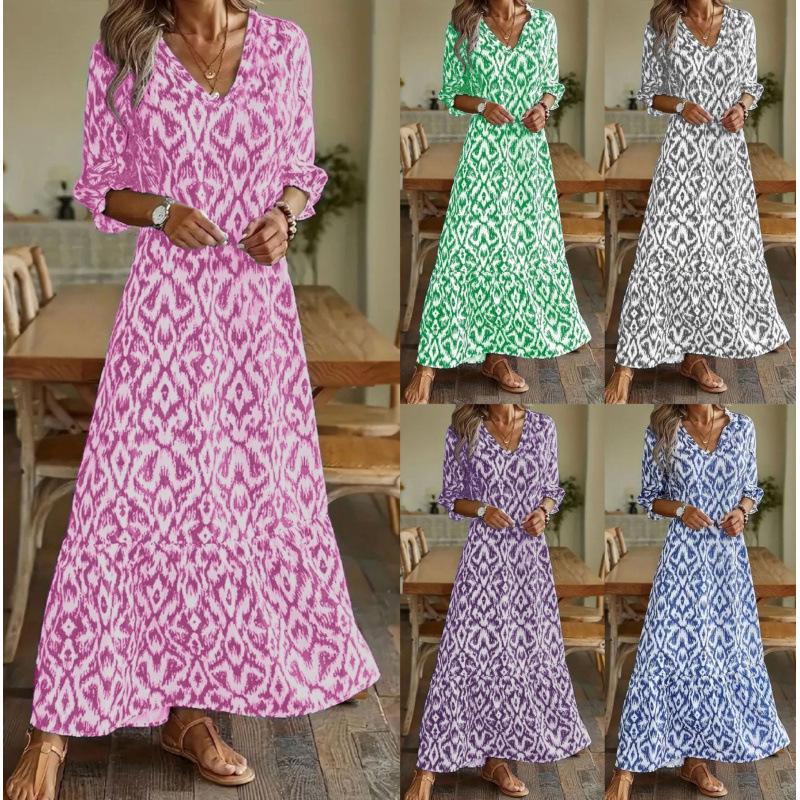 Abito stampato alla moda, sciolto, con scollo a V, a manica media, autunno-inverno 2026, europeo/americano