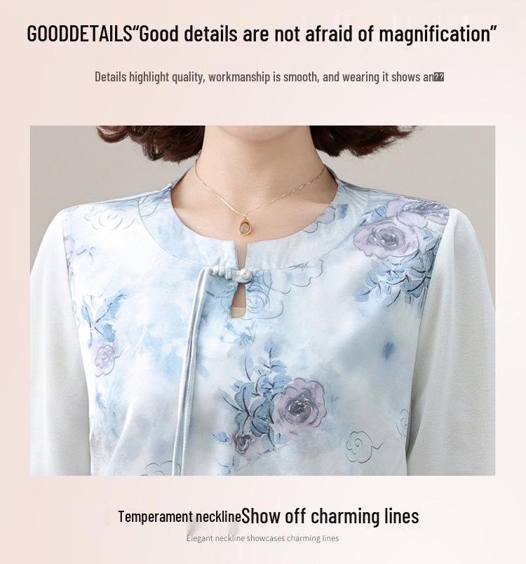 Women's Summer Chiffon Blouse: New Chinese Style, National Influence T-Shirt for Middle-Aged & Elderly with Seven Sleeves.