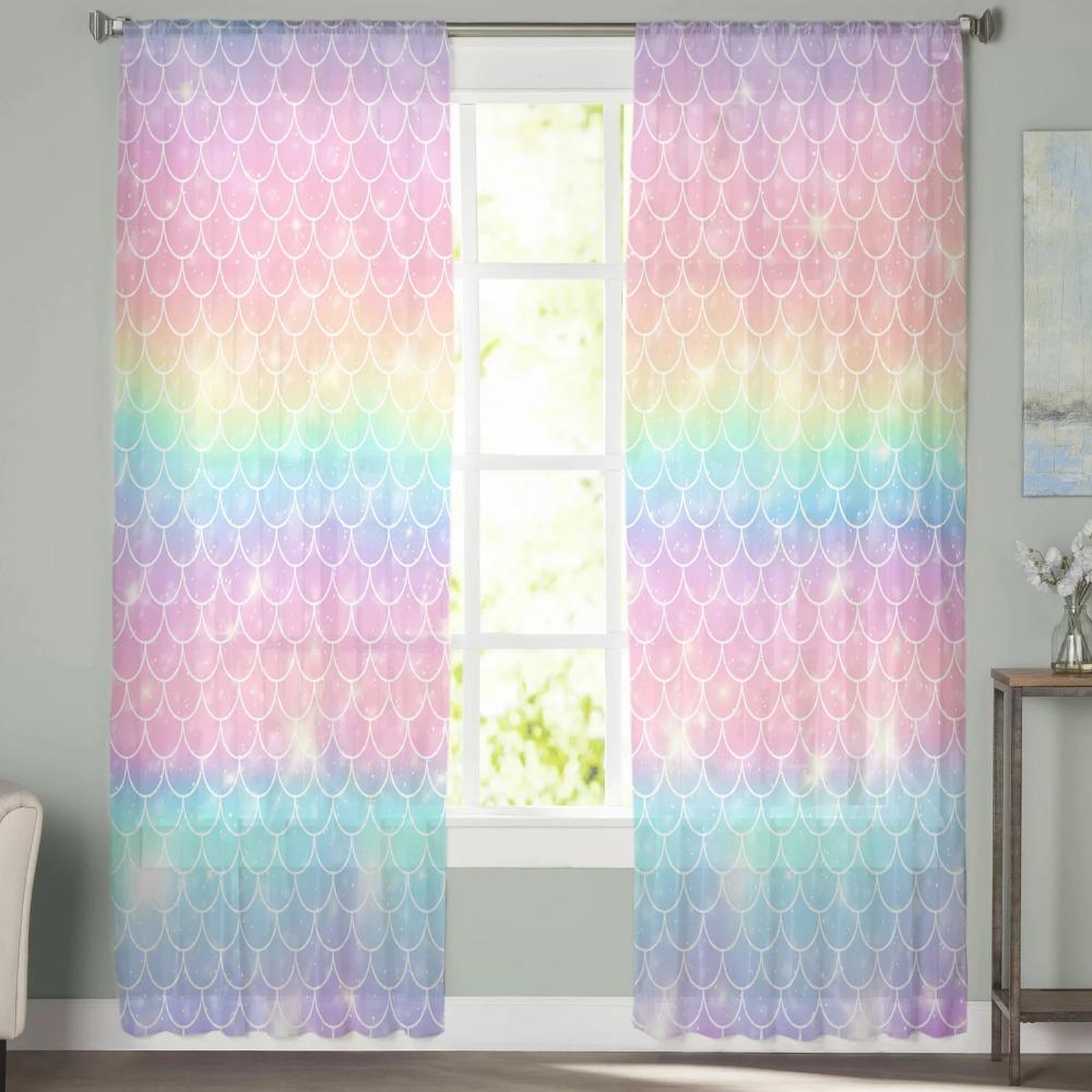 Mermaid Scales Ocean Rainbow Chiffon Sheer Curtains for Living Room Bedroom Home Decoration Window Voiles Tulle Curtain