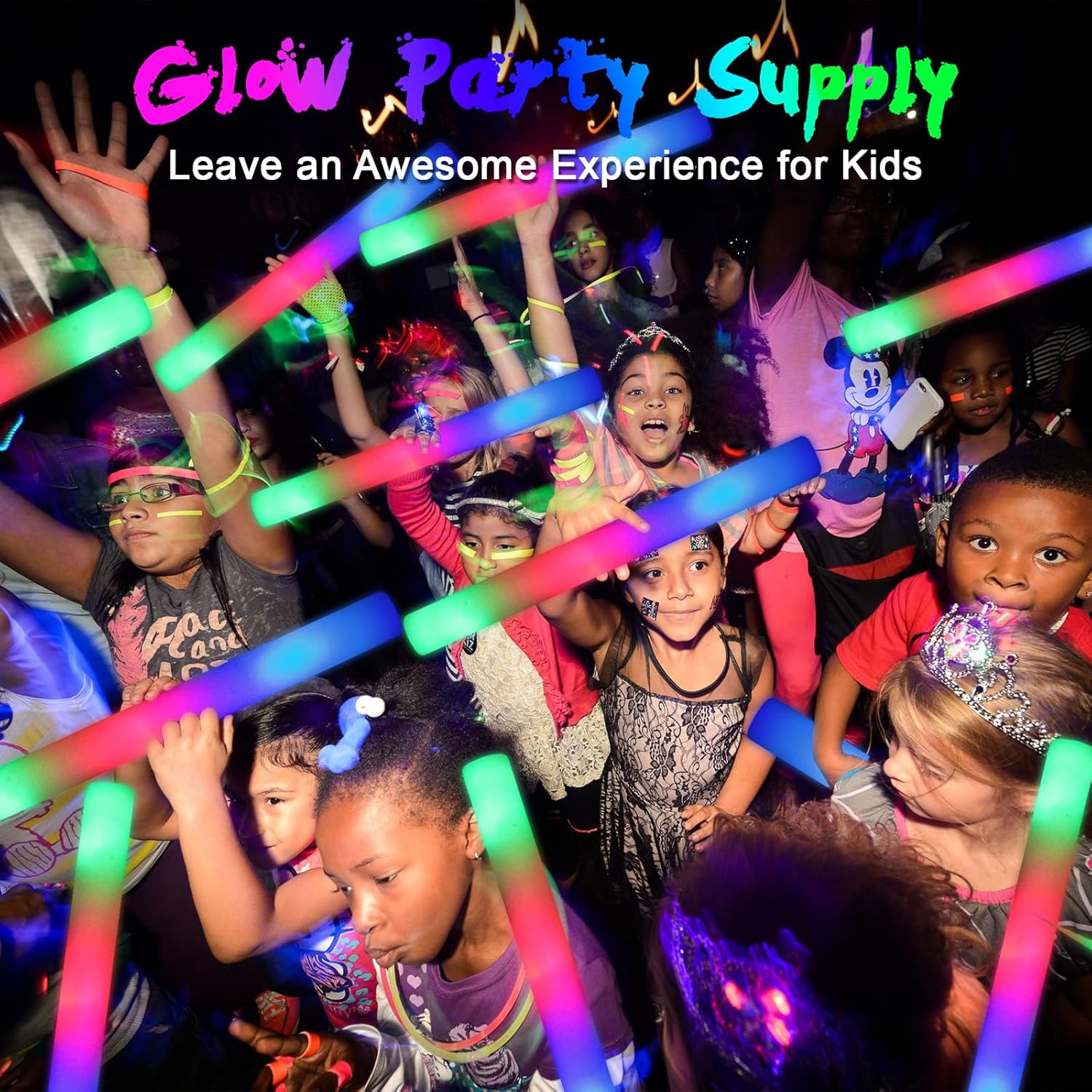 64 Pack Foam Glow Sticks, Bulk LED Foam Sticks, Foam Light Up Sticks with 3 Mode Colorful Flashing, Glow Party Supplies, Glow Sticks Bulk Party Pack 64