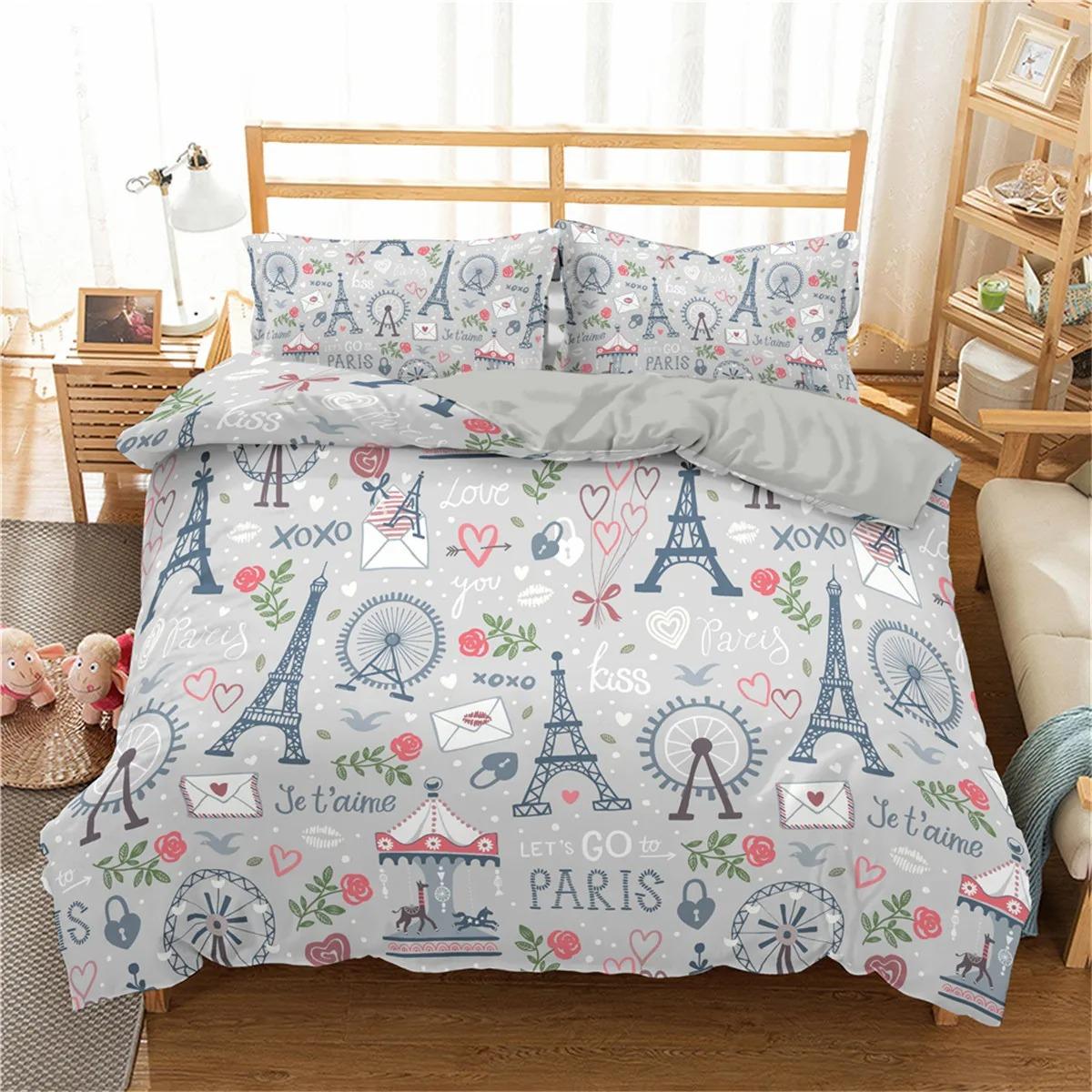 Comforter Tower Set King Paris Eiffel Tower Themed Bedding Set Polyester Cityscape Romantic Pink Comforter (quilt)-EU Single(135*200cm)3pcs