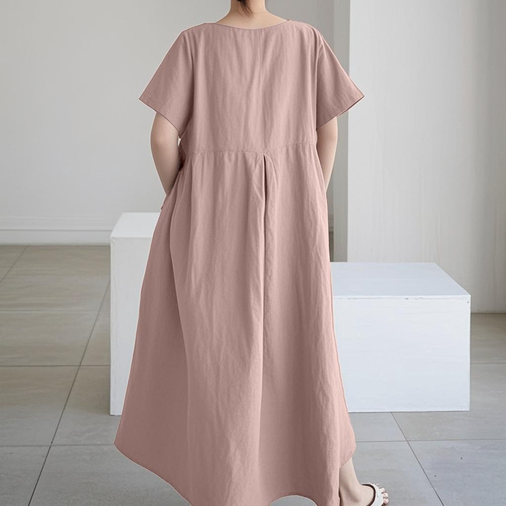 Abito da Donna Primavera Estate Cotone-Lino Ampio Girocollo alla Moda Taglie Forti Manica Corta Casual Comodo Lungo