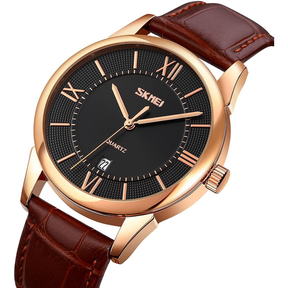 Classic Men's Analog Watch Brown Leather Band Waterproof Business Style