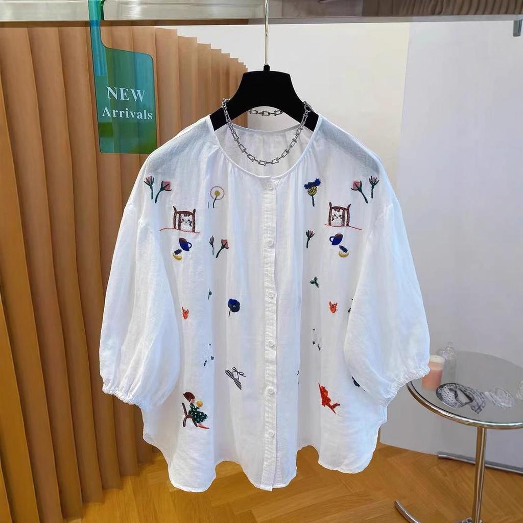 Women's Unique Embroidery Ramie Top - Extra Large, Lightweight, Chic, and Stylish for Summer 2026