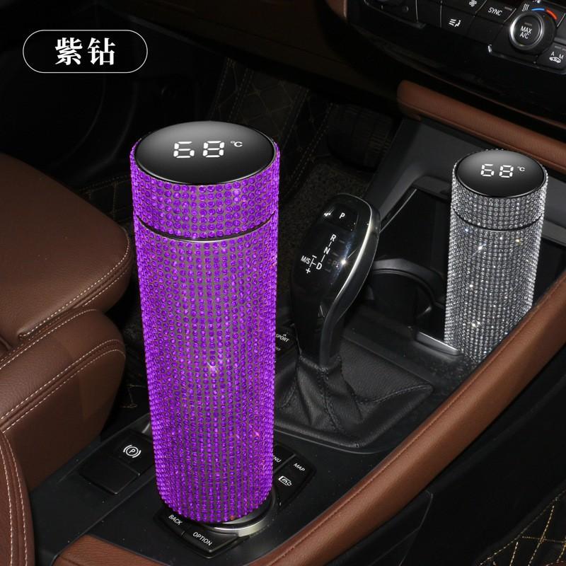 Stainless Steel Temperature Display Insulated Tumbler With Rhinestone Decor 500ml Straight Design Travel Cup Office Car