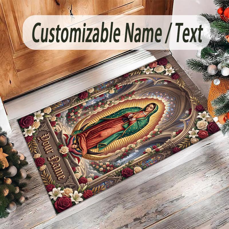 Virgin Mary Theme Crystal Velvet Rug Personalized Custom Name Text Soft Floor Mat Home Decor