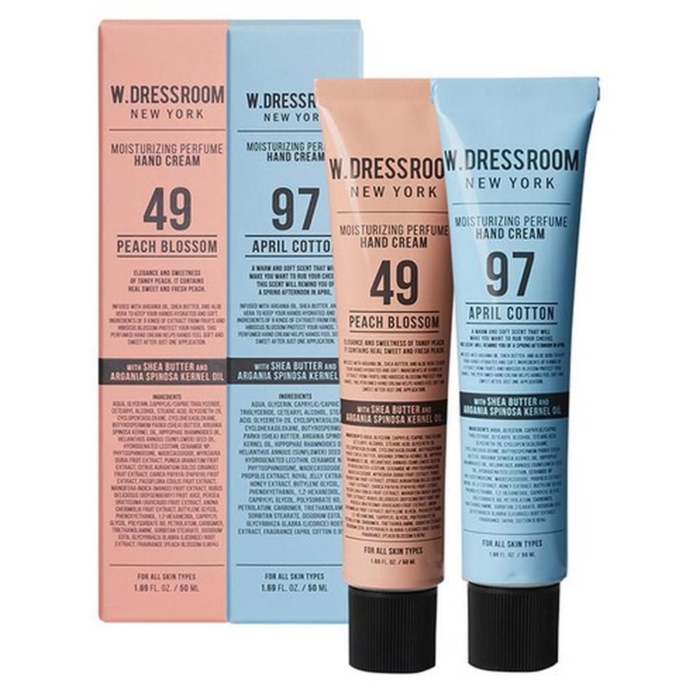 W.Dressroom Perfume Hand Cream Set 49 Peach Blossom + 97 April Cotton – Hand Care Set, Moisture Support, Korean 50ml (2pcs)