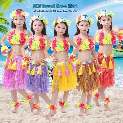 Children's Day 40CM Hawaiian Grass Skirt Double Layer Set - 7 Piece Dance Costume