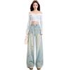 Women's Light Blue Embroidered Wide-Leg Jeans - Autumn Spicy Girl Style, Loose Straight Fit
