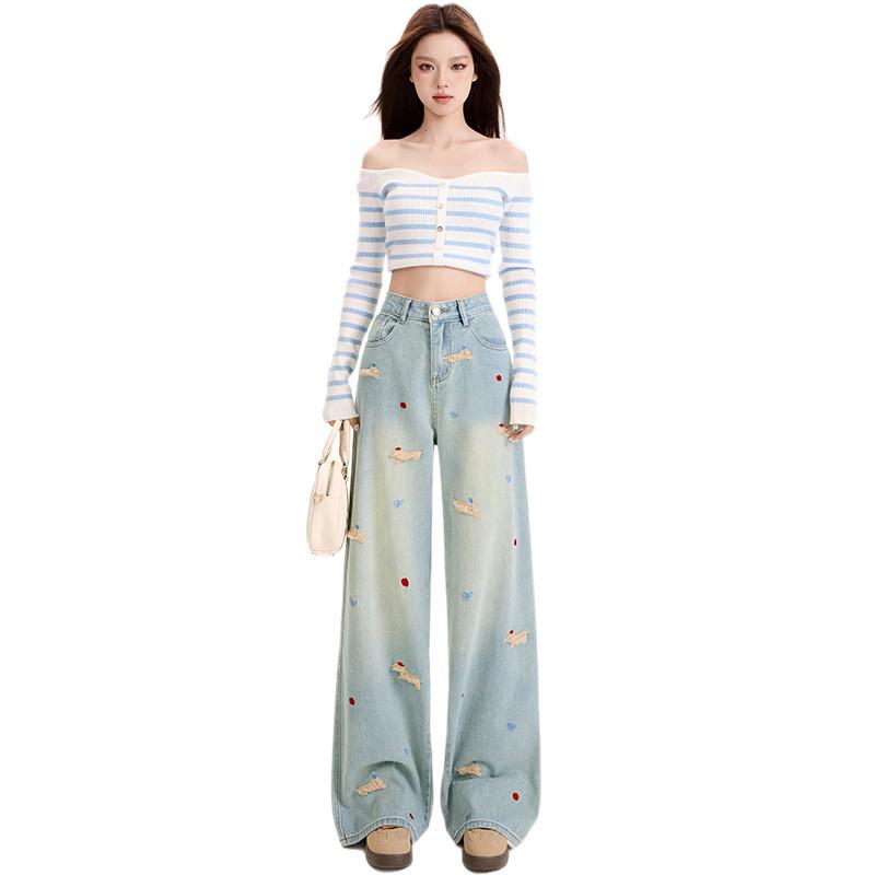 Women's Light Blue Embroidered Wide-Leg Jeans - Autumn Spicy Girl Style, Loose Straight Fit