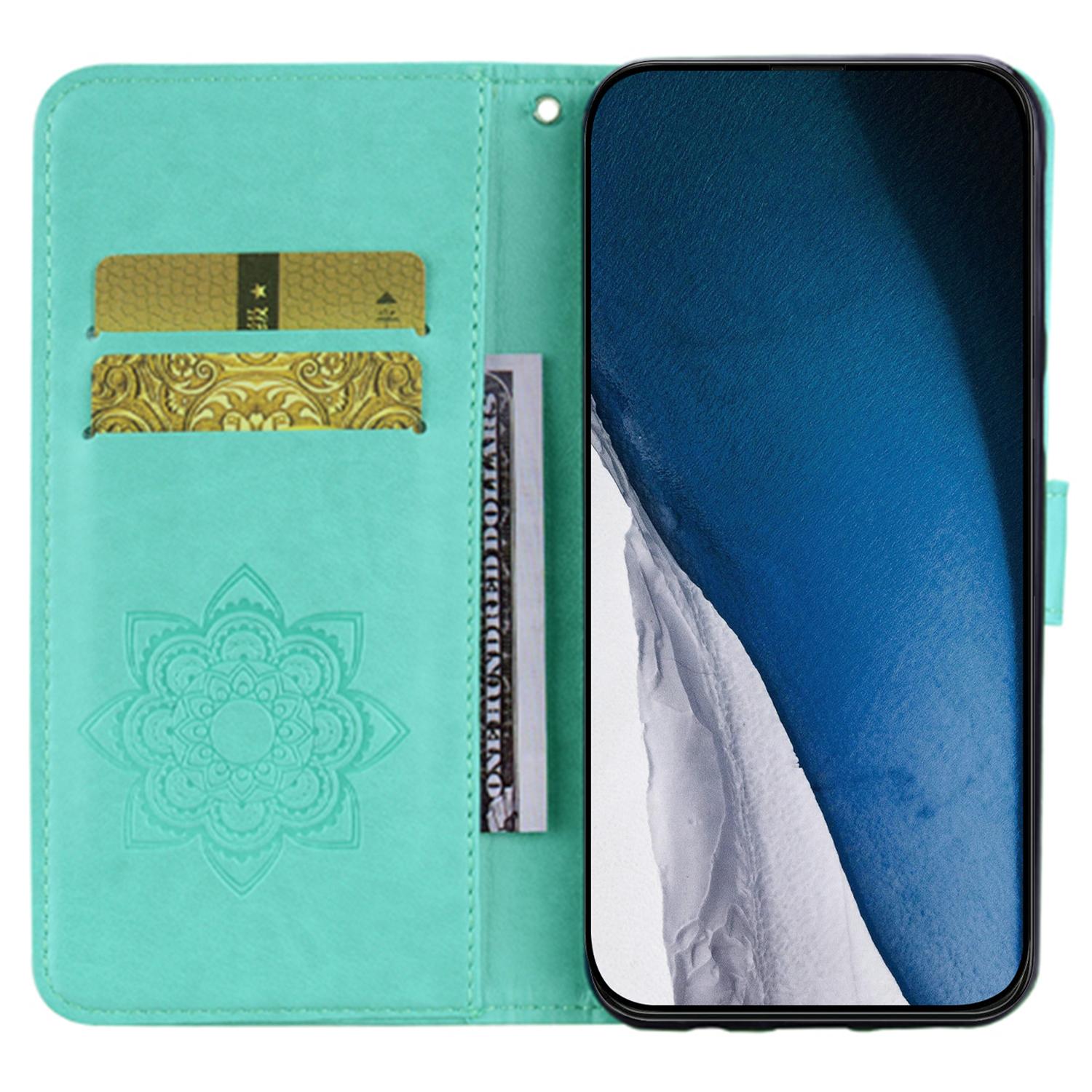 

For iPhone 15 Case Imprinted Owl Flower Rhinestone PU Leather Phone Wallet Cover Cyan