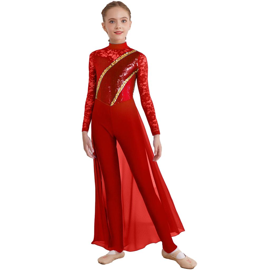 Fete Gimnastică Patinaj Artistic Salopetă Dantelă Florală Mânecă Lungă Gât Mock Paiete Fustă Șifon Salopete Costum de Dans