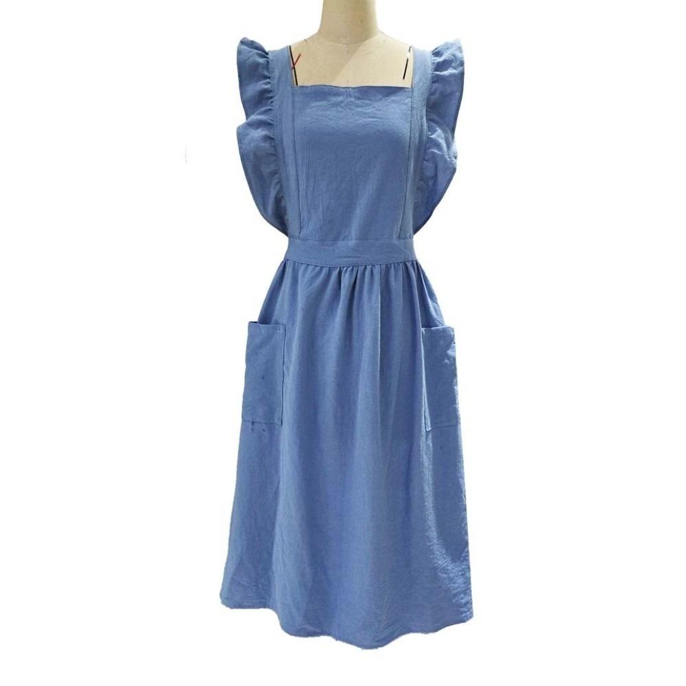 French Style Retro Flouncing Apron Adjustable Cotton Ruffle Trim Apron Plus Size Solid Color Cotton Linen Pinafore Home Use синий