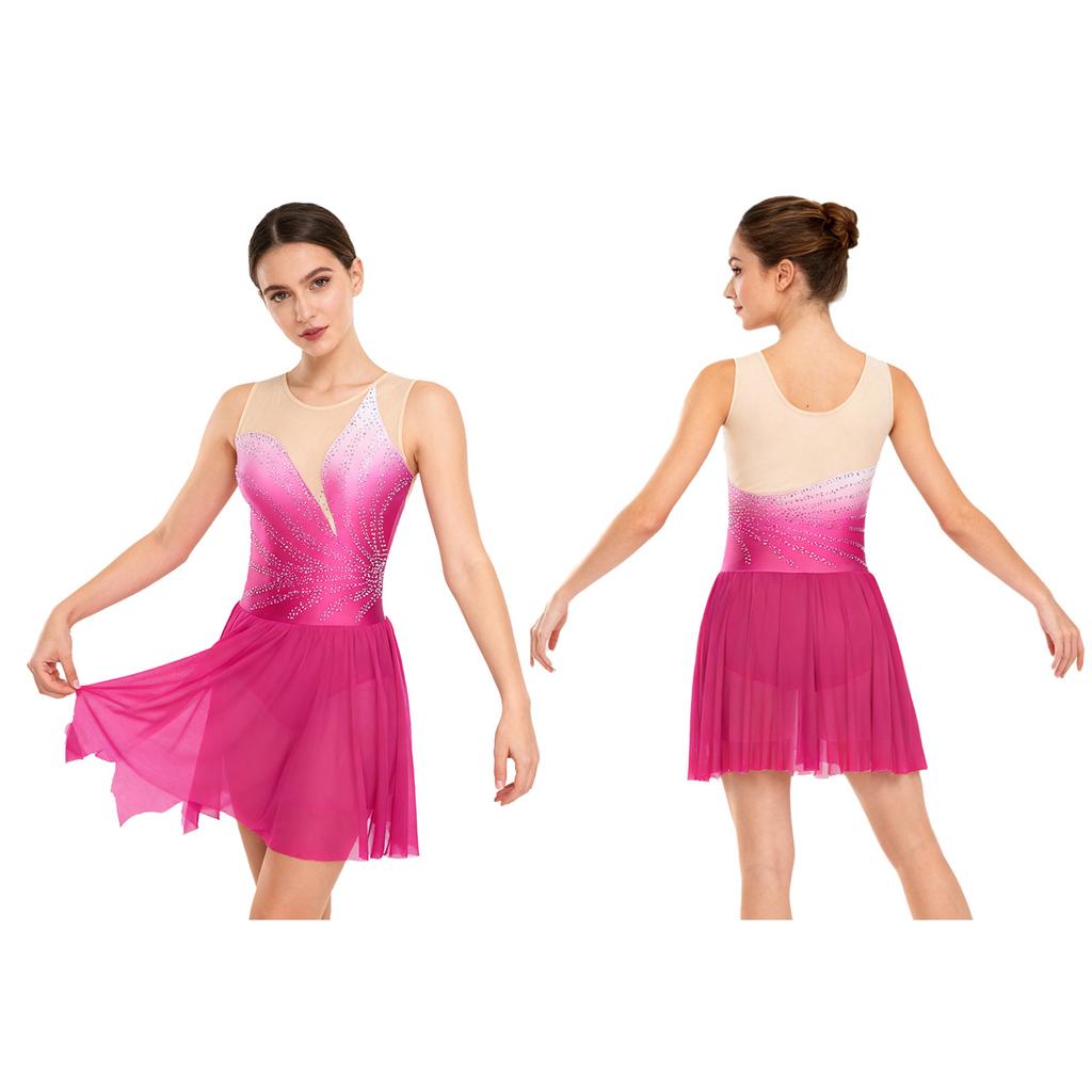 Damen Eiskunstlauf Performance Kleid: Ärmelloses Netz-Kleid mit Strasssteinen und sicheren Schrittknöpfen für Wettkämpfe